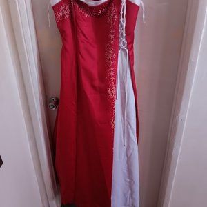 Aspeed  Red and White Strapless Dress with Floral embrodered  size  us 14